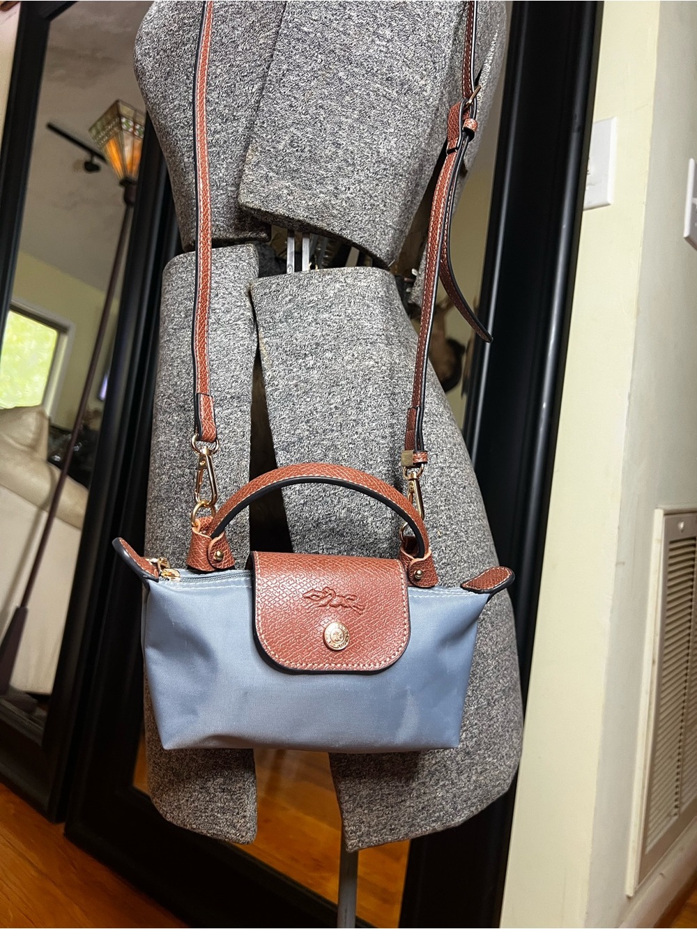 Longchamp Le Pliage Original Mini Pouch Handle Crossbody Blue/Gray Brown - Picture 3 of 11